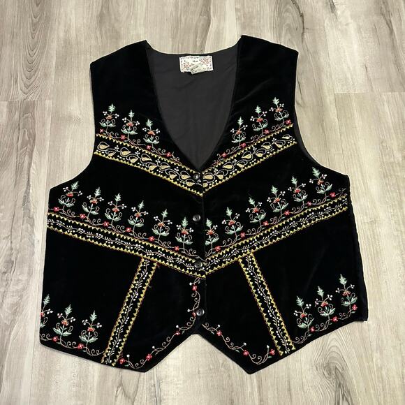 New Directions‎ Women's Black Velvet Button Up Embroidered Holiday Vest Size L - Picture 1 of 5